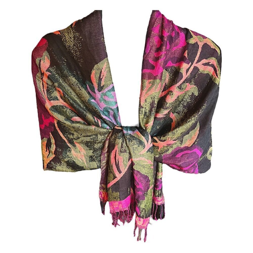 Large Black & Vibrant Jewel Toned Wrap Scarf Floral Patterned with Fringe